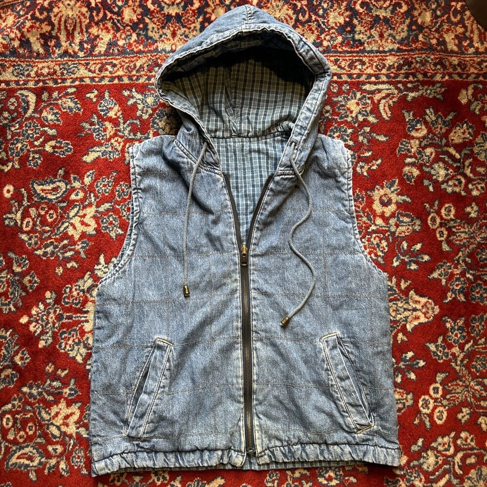 Vtg Gloria Vanderbilt denim full zip reversible vest hoodie women's sz Small 90s